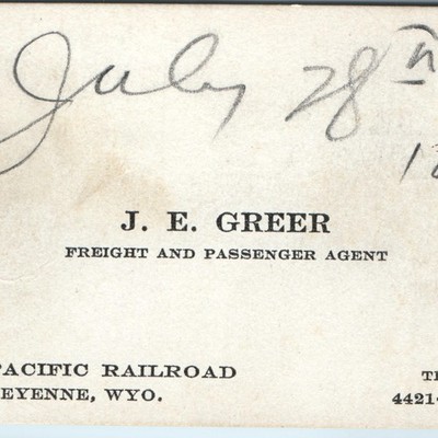 1939 Union Pacific Railroad Cheyenne Wyoming J. E. Greer Agent Visitenkarte RR