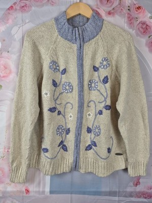 Northern Reflections Vintage bestickte Strickjacke XL creme blau Blumen Strick Reißverschluss
