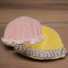 Set of 2 Hand Crochet Baby Beanie Hats Pink/Wht 3M Yellow 6M Nice Gift NEW