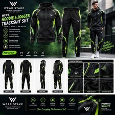 Men's Black Neon Green Tracksuit Set Hoodie Jogger Athletic Sportswear Suit