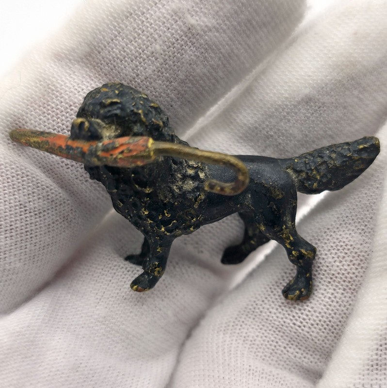 Antique Miniature Vienna Bronze Black Poodle Dog Figurine carrying an Umbrella