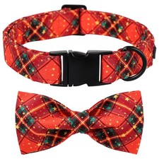Christmas Dog Bowtie Collar - Cute Cotton Adjustable Winter Dog Collar with B...