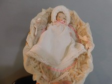 5" MINI VINTAGE BABY INFANT DOLL BISQUE HEAD JOINTED BODY DRESS BONNET BASKET