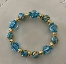 Ladies Beautiful Blue Gold Swirl LampWork Glass Beaded Stretch Bracelet 7.25
