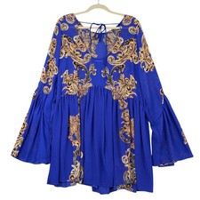 Free People Intimately Blue Baroque Print Bell Sleeve Boho Mini Dress Size Large