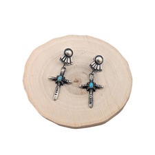 Native Am Earrings Navajo Iodize Sterling Silver Cross Turquoise Jewelry**