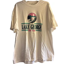 Vtg Paval XL Tee Lake George NY Single Stitch 90s Bold Color Logo Boat Sunset