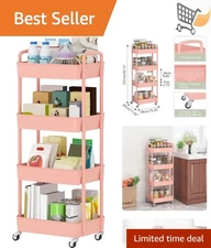 Plastic 4-Tier Rolling Utility Cart with Handle Storage Trolley for Office Ki...