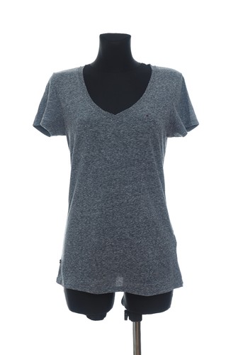 Haut Femme Ella Moss - Col V, Manches Courtes, Rayures Violettes, Taille Medium, Occasion Très Bon état