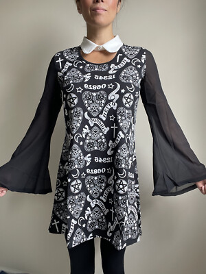 Banned Apparel Ouija Board Print Black Chiffon Sleeves White Collar Mini Dress