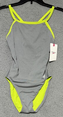 Speedo Monument Womens Gray Neon Green Swimsuit Size 6 NEW