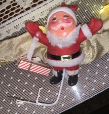 Vintage Kitschy Christmas Ornament- Blow Mold Plastic Flocked Santa Claus
