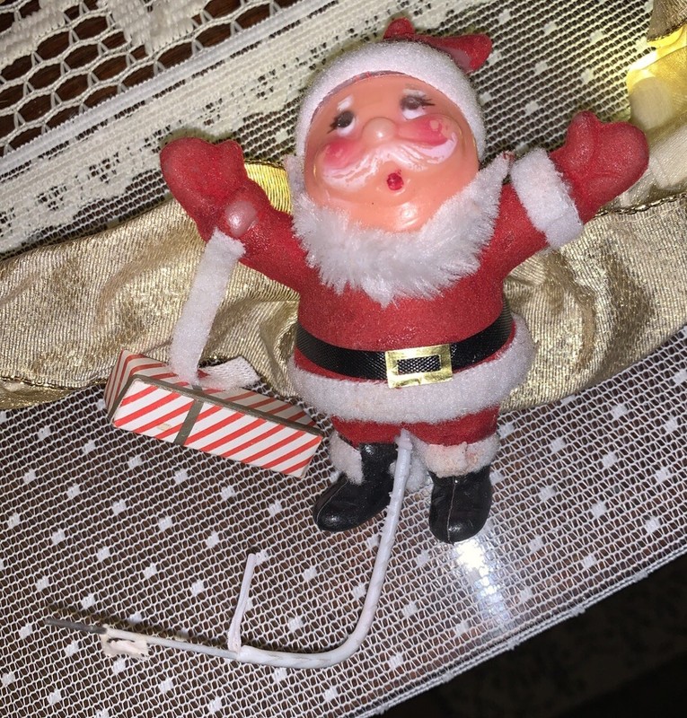 Vintage Kitschy Christmas Ornament- Blow Mold Plastic Flocked Santa Claus