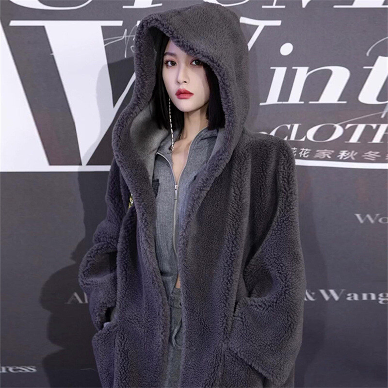 New Mid Long Hooded Lamb Fur Sheep Shearing Loose Fur Coat Women Loose Overcoats