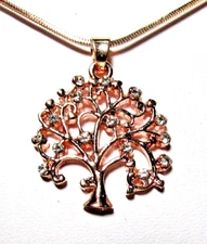 Rose Gold Tone Clear Crystal Tree Of Life Pendant 16" Necklace - NWOT (#2664)