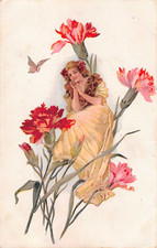 1908 Fantasy Postcard of Butterfly by Tiny Lady Perched Among Pretty Carnations