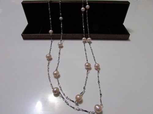 Perla de agua dulce rosa natural hecha a mano con cadena de plata 49-50 in - Imagen 2 de 6