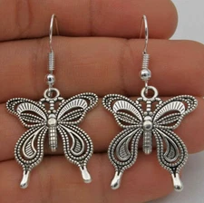 Beautiful New Tibetan Silver Cutout Butterfly Hook Dangle Drop Earrings