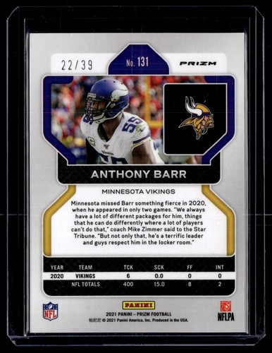 2021 Panini Prizm Anthony Barr #131 Red and Yellow /39 Minnesota Vikings - Picture 2 of 2