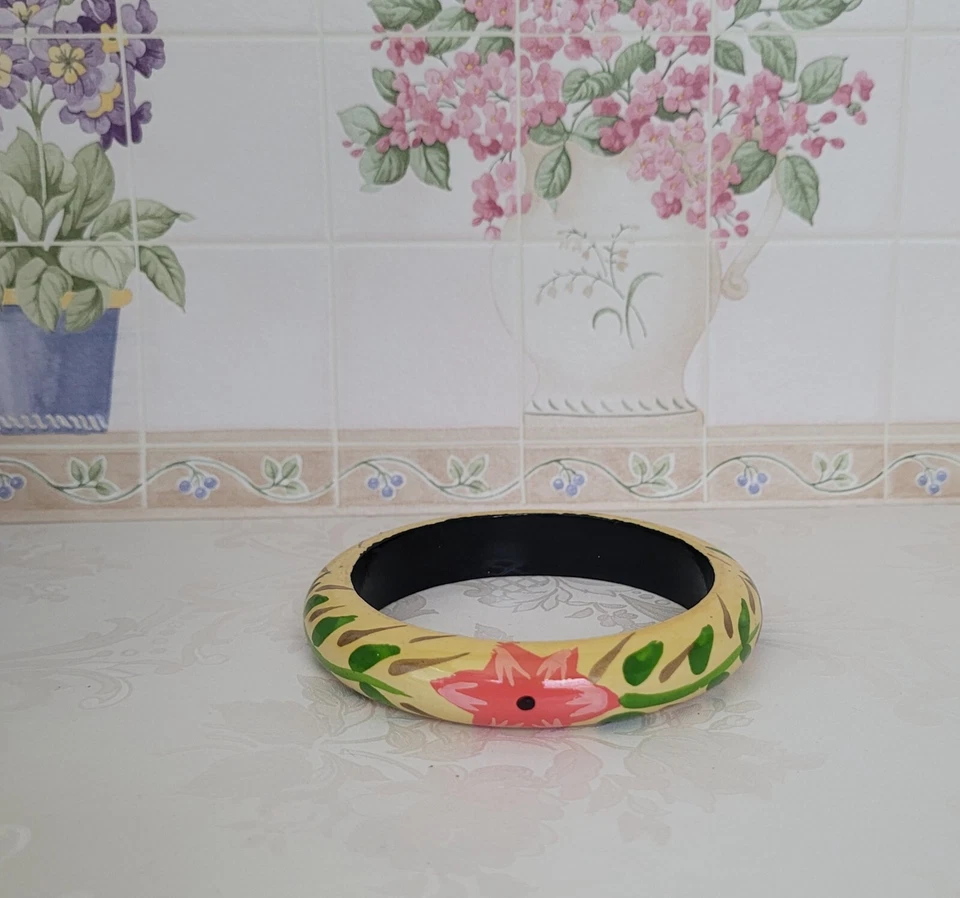 Brazalete Brazalete Arte Floral Flor Coral Amarillo Multicolor Madera Pintado a Mano De Colección Foto 2 de 4
