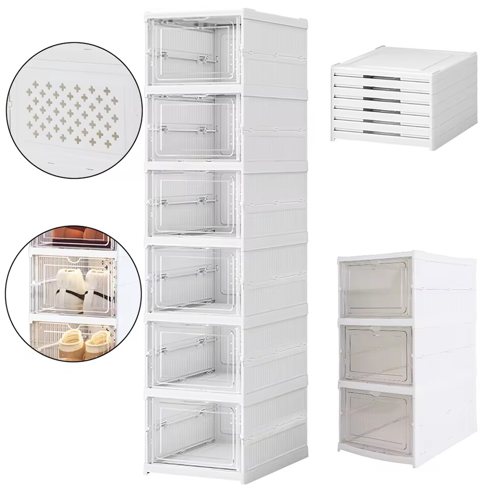 x Stackable Foldable Boxes Trainers Organiser Clear Plastic Shoe Storage  Box
