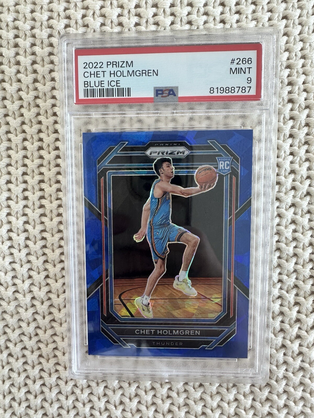 2022-23 Panini Prizm Chet Holmgren Blue Ice Prizm Rookie RC /125 #266 PSA 9