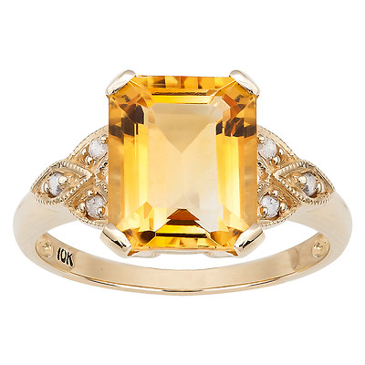 Ring 10 Karat Gelbgold Vintage-Stil echter Smaragdschliff Citrin und Diamant