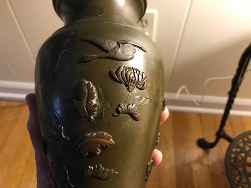 As is Antique Japanese Meiji Bronze Mixed Metal Vase - Stork & Flowers 8 1/4 - Picture 2 of 13