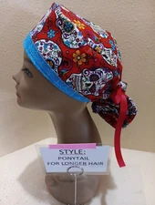 Sugar Skulls (red) SALE Women's Ponytail Surgical Scrub Hat/Cap Handmade