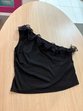 Shein Curve Asymmetrical Blouse 1XL Black Ribbed Mesh Ruffle One Shoulder