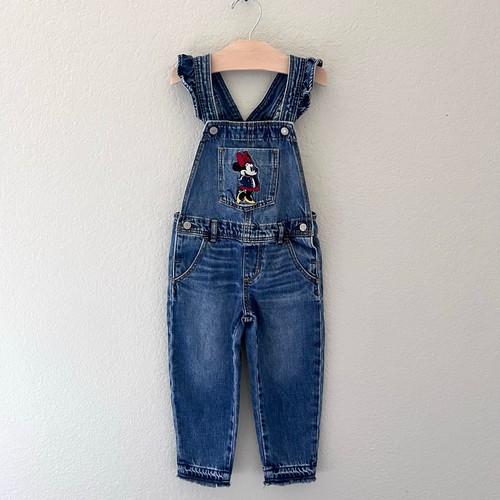 Baby GAP Disney Girls Denim Overalls 4 Years Blue Minnie Mouse Ruffle Raw Hem