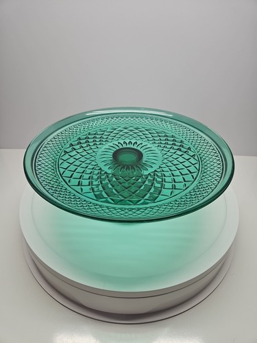 VTG Anchor Hocking Wexford Emerald Green Cake Plate Stand Footed Diamond 12” - Picture 7 of 11