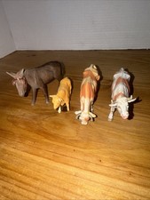 Vintage Lot Of 4 Celluloid Zoo Farm Animals 1940's, 3 Cows, Ring In Nose, Donkey