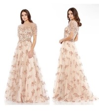 NEW Mac Duggal Embellished Illusion Cap Sleeve A-Line Gown Champagne 14 79317