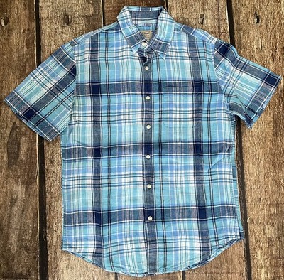 LL BEAN SLIGHTLY FITTED 100% LINEN PLAID SHIRT BLUE MENS MEDIUM 501962 EUC