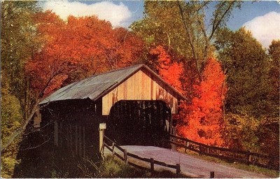 Historic Covered Bridge in New England Fall Foliage 1952 Photochrome Postcard