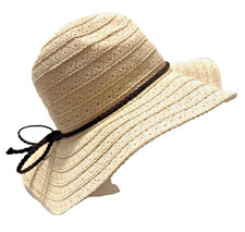 Hat Wide Brim Sun Womens Beige Cotton Brown Band One Size