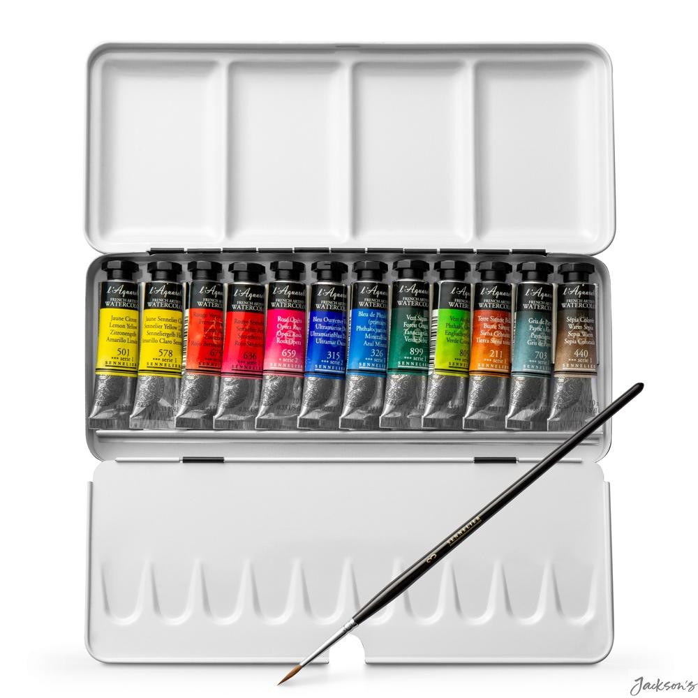 Sennelier L'Aquarelle Watercolour Paint Set Metal Tin 12 x 10ml Tubes Brush