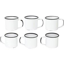 Set of 6 Enamelware Metal Small 5 Oz Coffee Tea Mugs, Distressed White/Black Rim