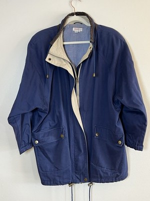Vintage 90s Talbots Women s Coat M Blue Cotton Casual Leather Trimmed Jacket