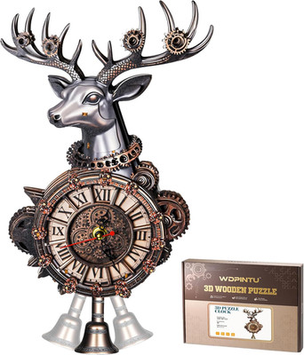 3D Wooden Clock Puzzle   Steampunk Deer Head Design   DIY Model Kit for Adults &