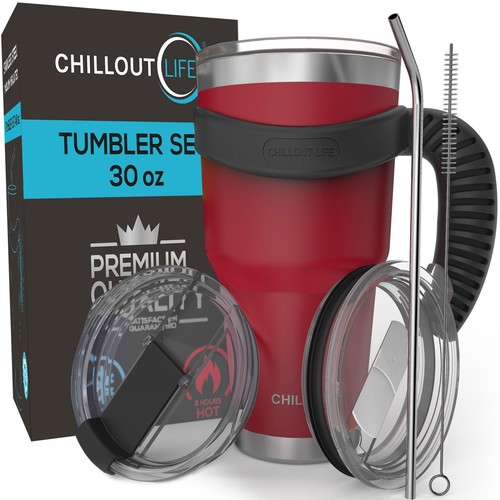 Stainless Steel Travel Mug with Handle 30 oz - 6 Piece Set. Tumbler with Hand...