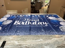 Pre-Owned Happy Birthday Backdrop Decoration, Silver, White and Navy Blue