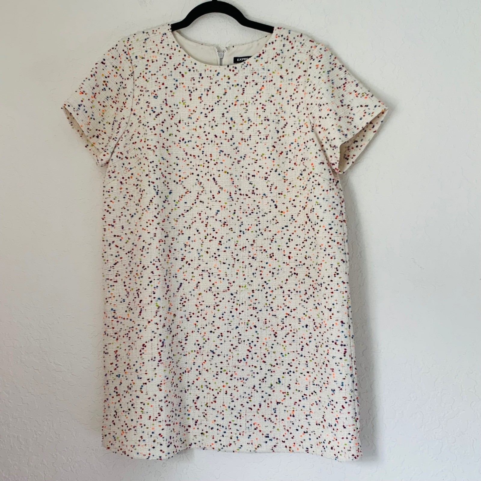 Express Confetti Tweed Shift Dress Size L Cream Colorful Short Sleeve Birthday