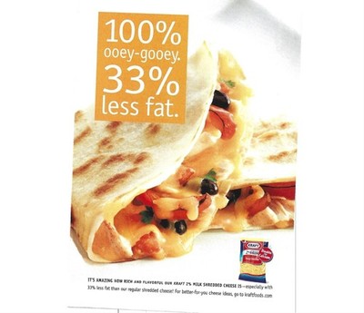 100% Ooey Gooey Kraft Milk Shredded Cheese Print Advertisement 2000s