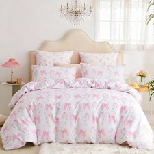Duvet Cover Full 3Pcs Pink Floral Bow Bedding Set for Girls , Romantic Prince...