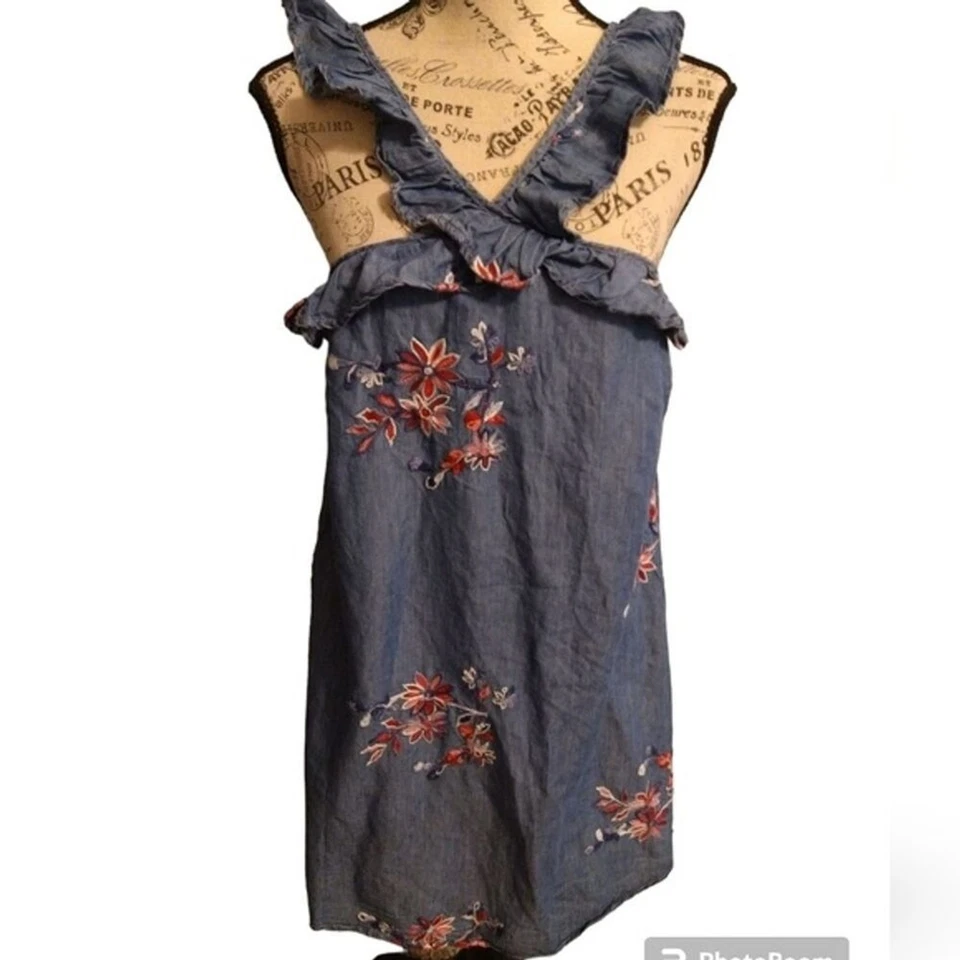 Vestido Romeo + Julieta Alta Costura Bordado Denim Sin Mangas Md Boho Cottage Core Foto 2 de 4