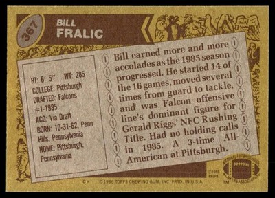 1986 TOPPS BILL FRALIC B RC ATLANTA FALCONS #367 | eBay