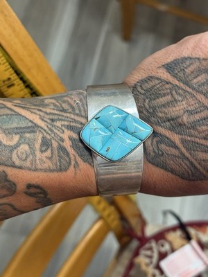 STERLING SILVER INLAID COBBLESTONE TURQUOISE SIGNED DTR CUFF BRACELET .925 7 