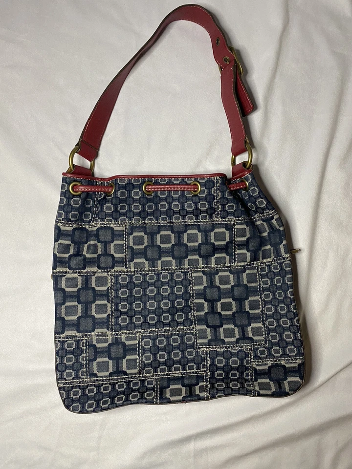 Y2K девять West джинсовой ткани сумка с короткими ручками красный искусственной кожи отделки шнурка наплечная сумка лоскутное одеяло - Изображение 2 из 4